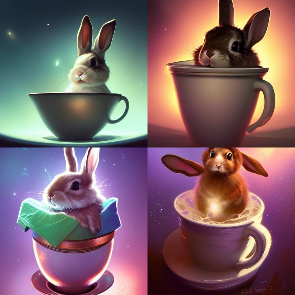 Bunny in Cup Amidst Space, Hyperdetailed Portrait