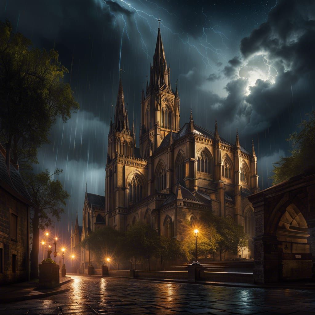 Gothic Cathedral Under Stormy Sky: Dark Fantasy Art