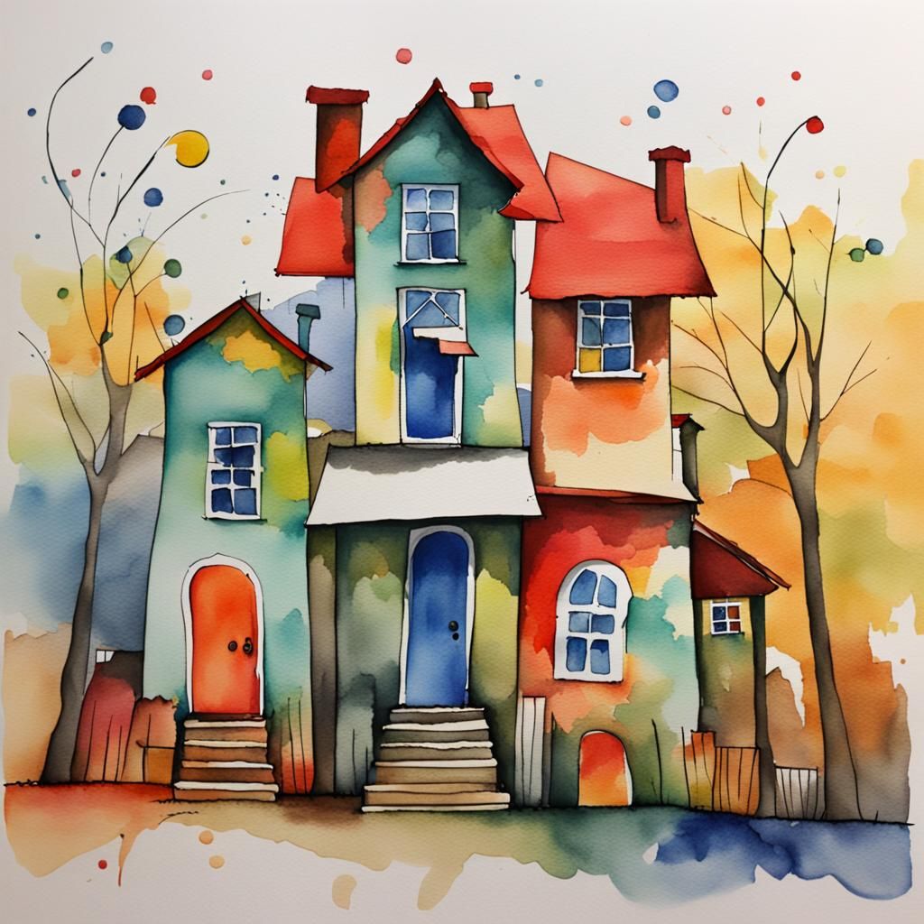 Whimsical Watercolor Houses in Abstract Style