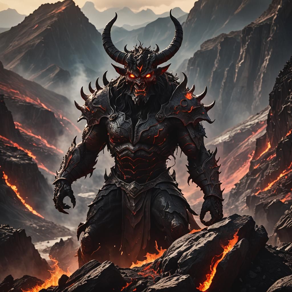 Heroic Demon on Mountain Peak in Cinematic Style
