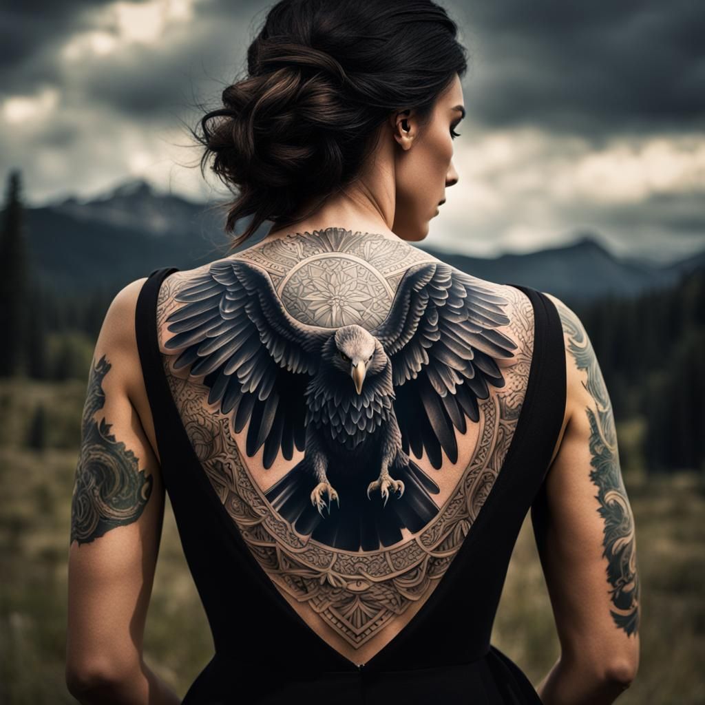 Woman with Eagle Tattoo in Hyperrealistic Style