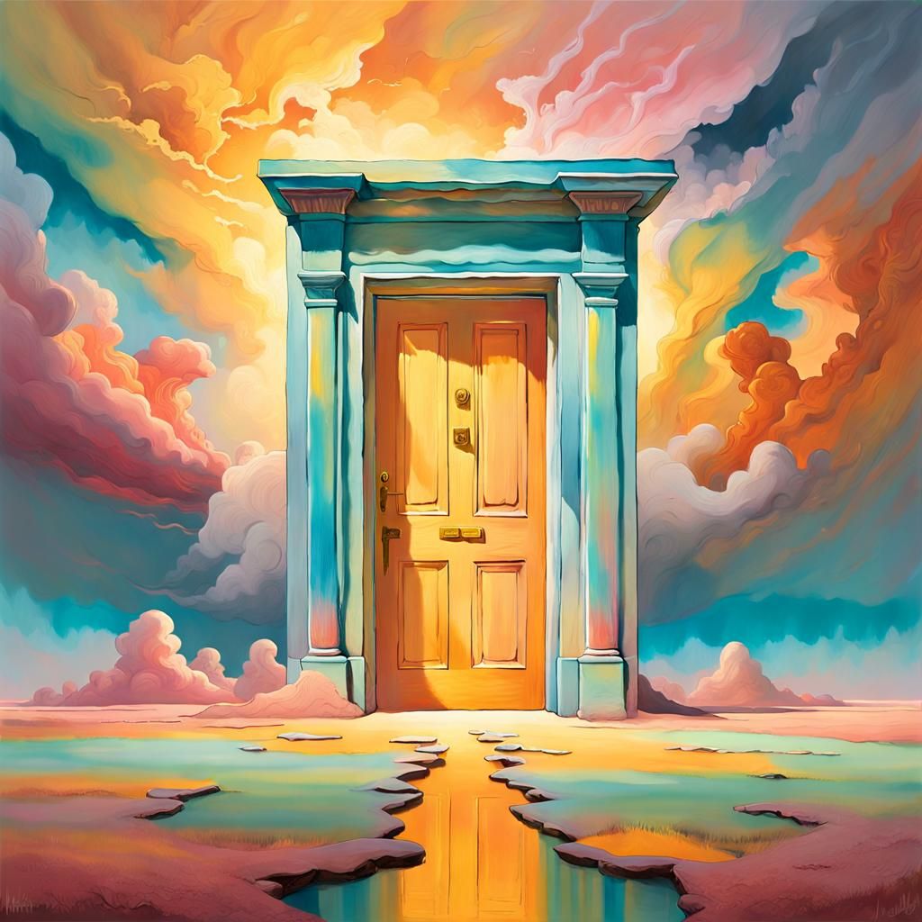 Dreamlike Glowing Door in Surrealist Landscape
