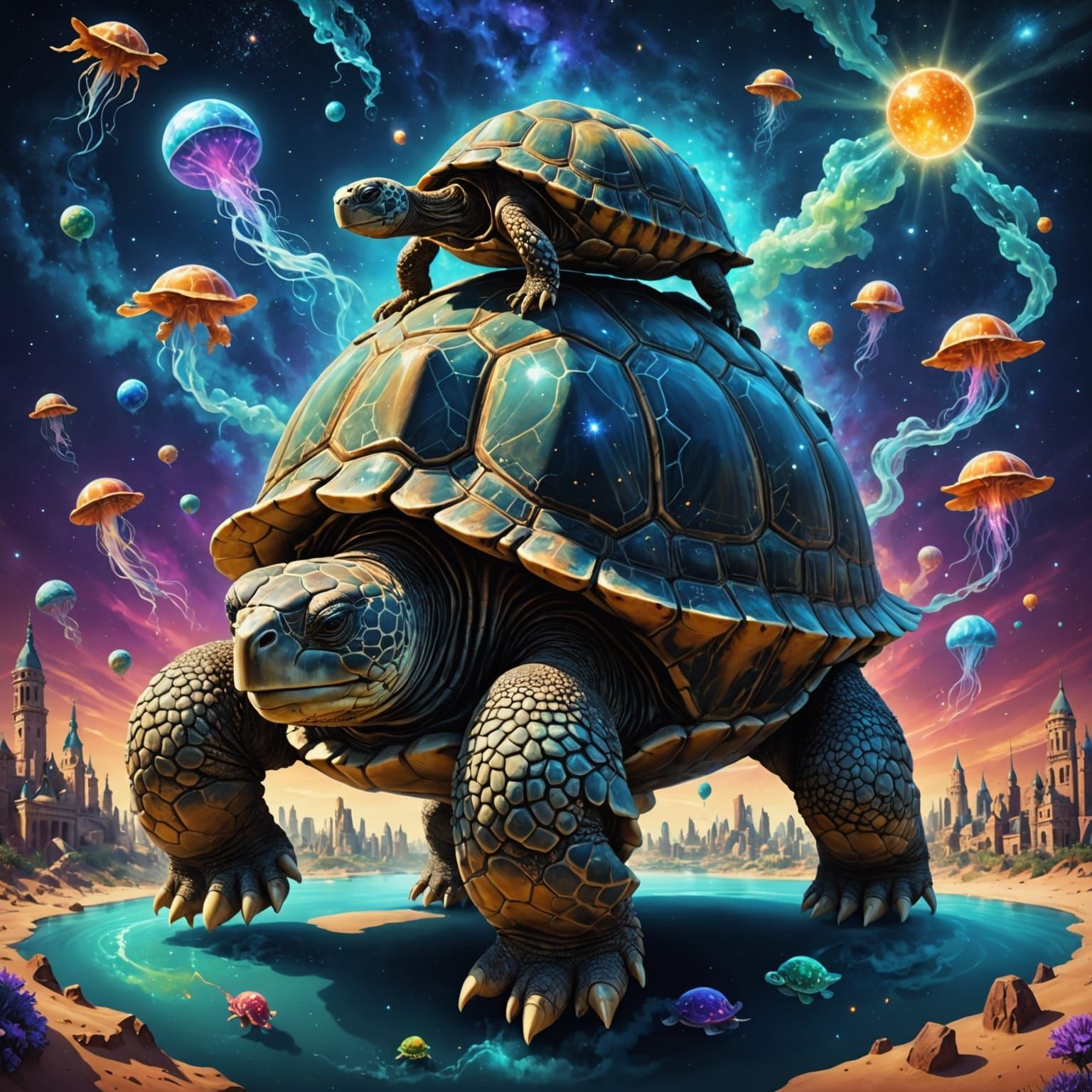 A giant tortoise carries a city on its back, floating through a nebula filled with clockwork stars and glow...