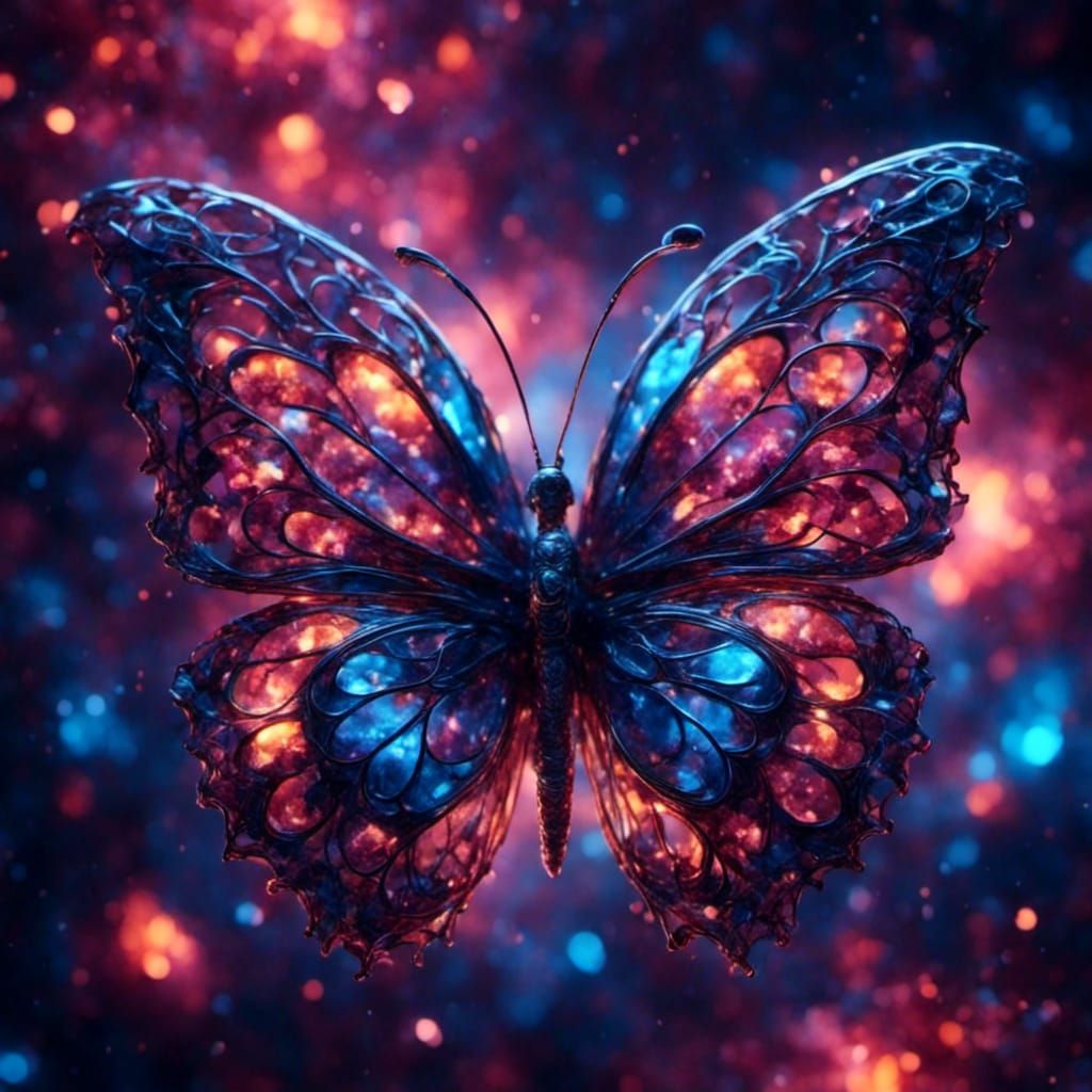 Iridescent Butterfly Surrounded by Surreal Illusions