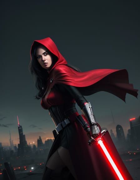 Elegant Cyberpunk Warrioress in Dazzling Outdoor Setting