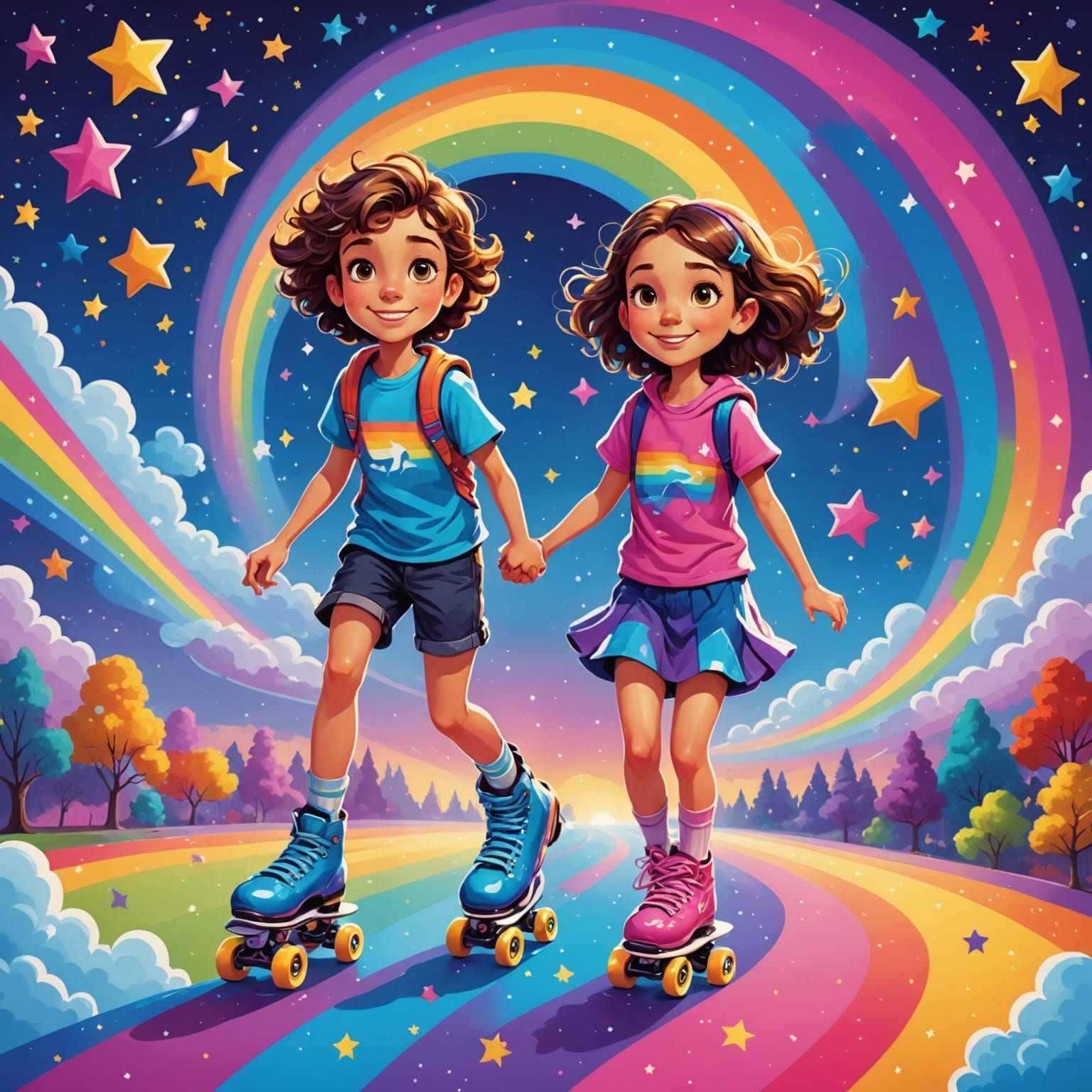 Cartoon Teens Roller-Skating on Sky Rainbow Paths