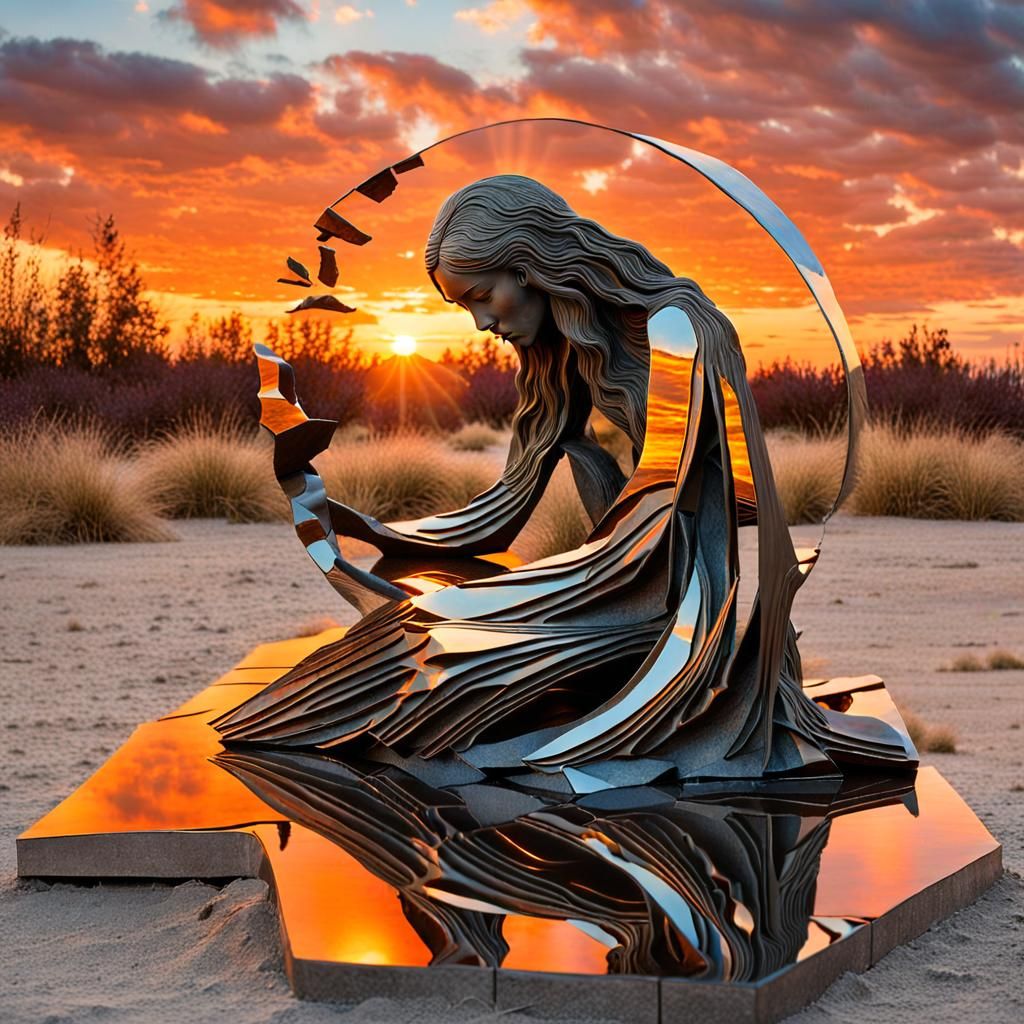 Surreal Fragmented Sculpture of Woman at Sunset