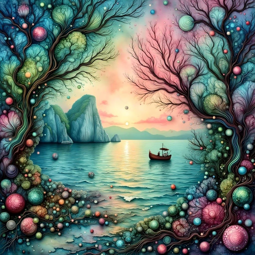 Magical Sunset Seascape with Alcohol Ink Textures