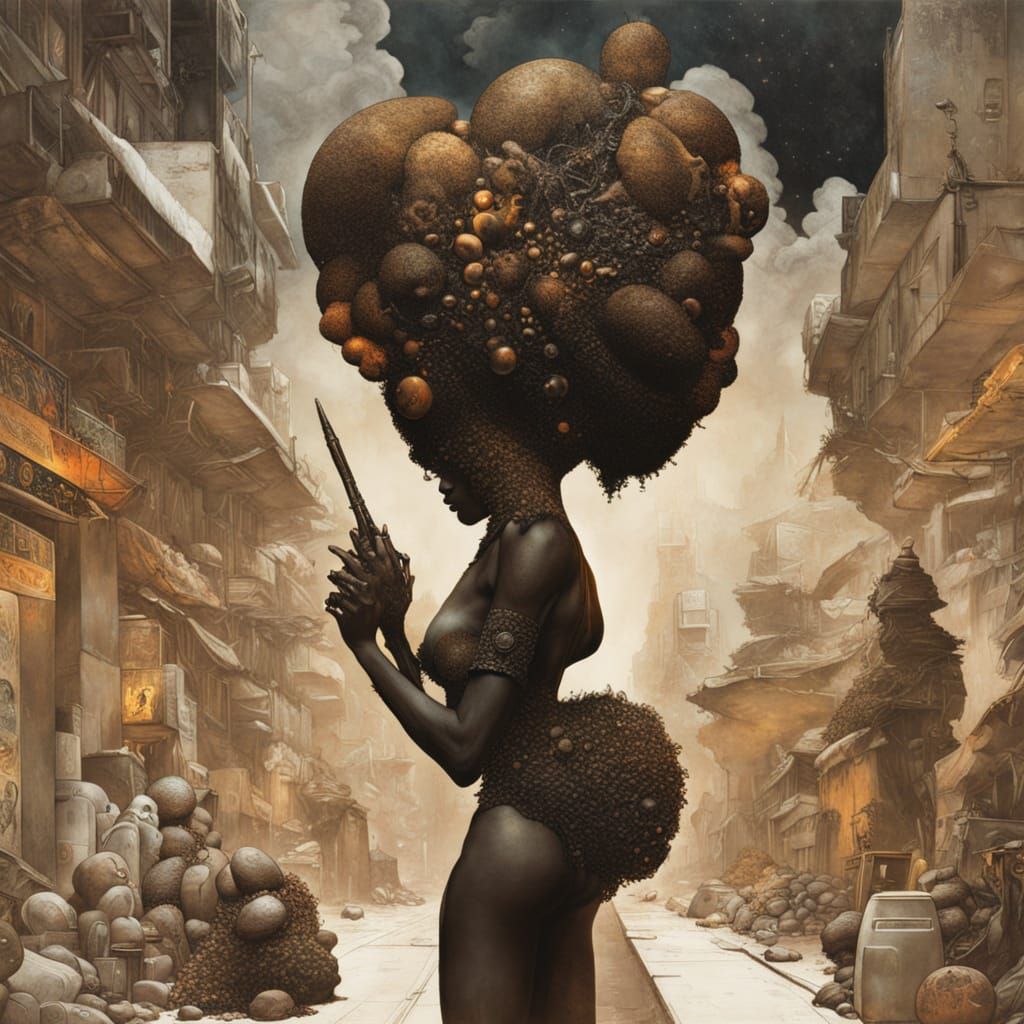 Afrofuturist Alien Merchant in a Dark Alley