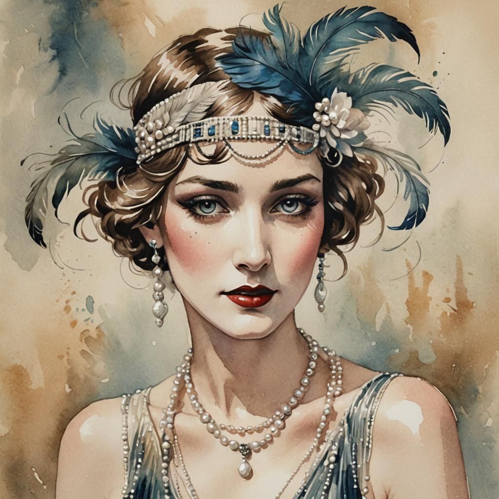 1920s Flapper Girl Portrait in Watercolor Style