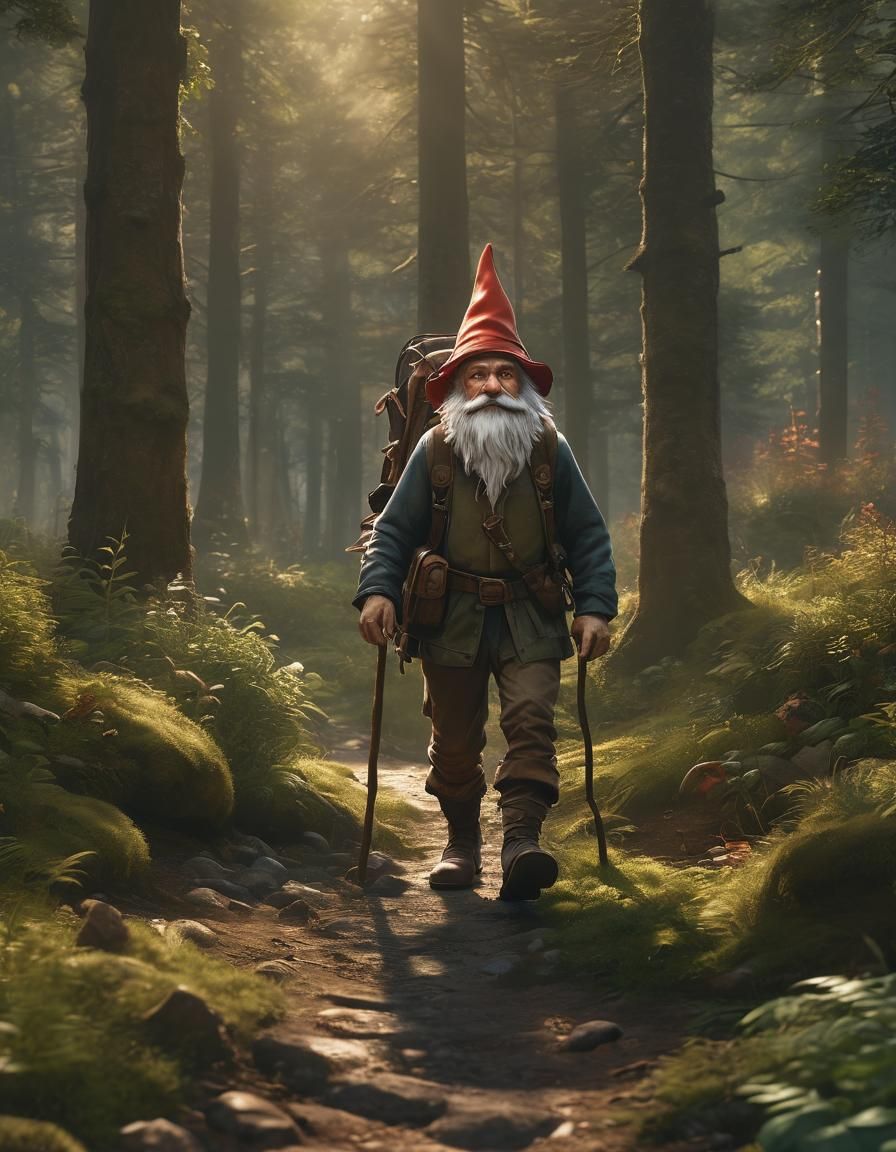 Gnome's Forest Hike in Hyper-Realistic Digital Art