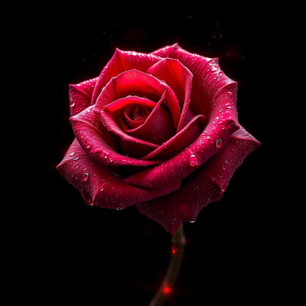 Surreal Red Rose Blooms in Cosmic Holographic Light