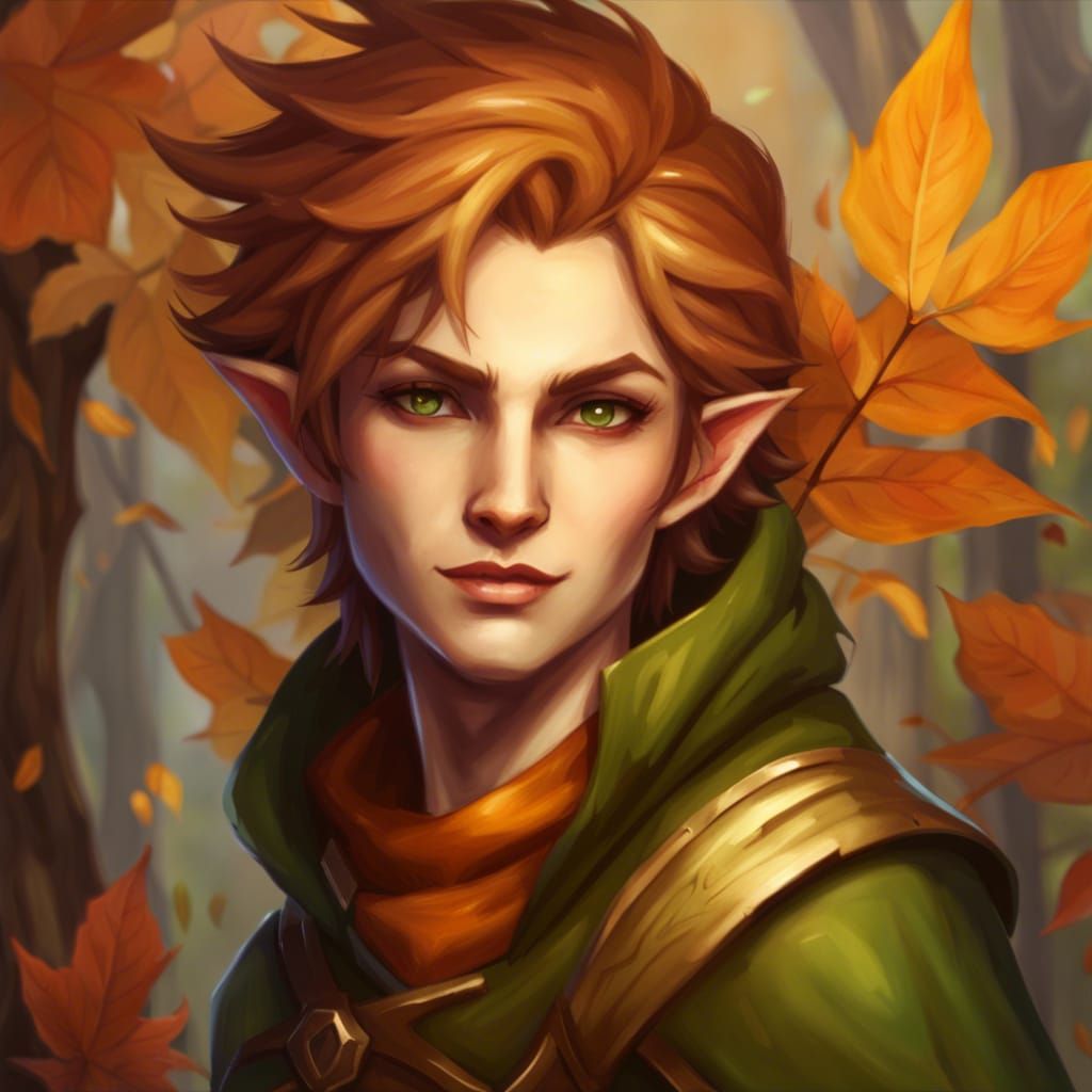 Androgynous Eladrin Fairy: Mischievous Autumn Druid Portrait