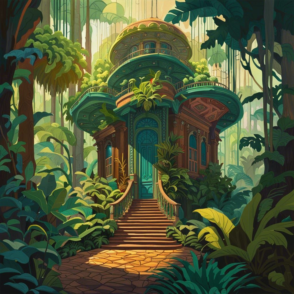 Lush Brazilian Rainforest: Gouache Art Deco Concept
