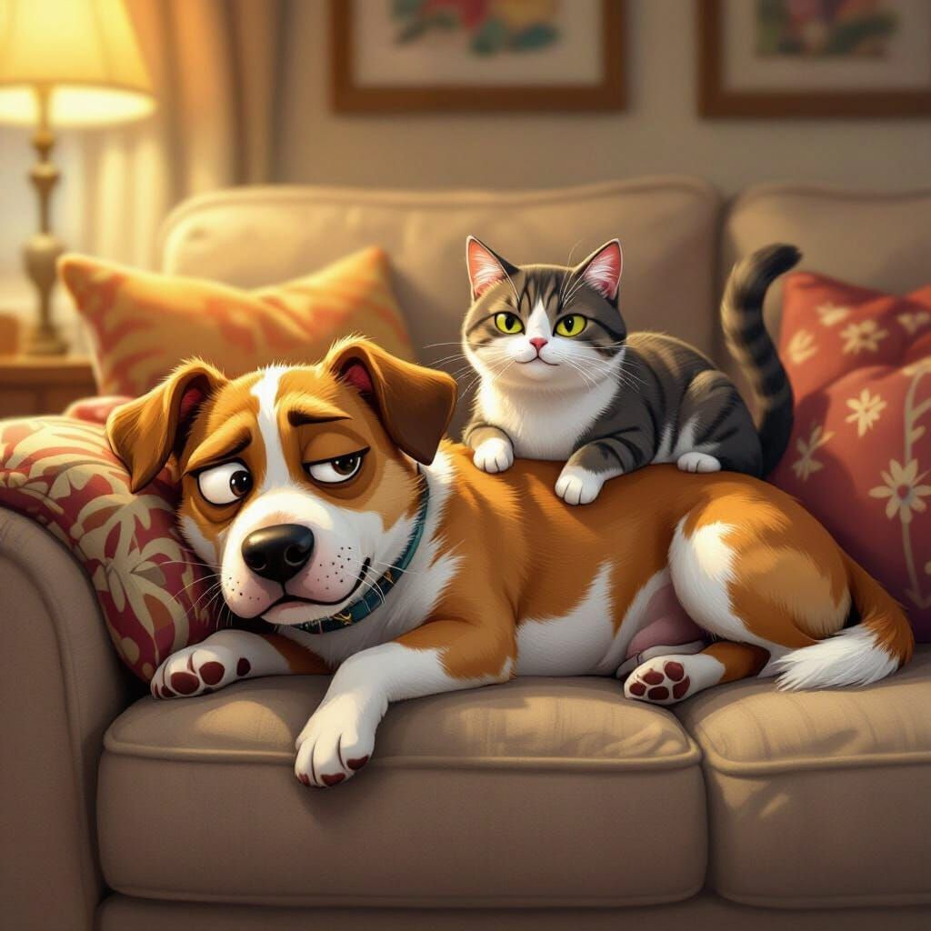 Dog Annoyed by Smug Cat on Sofa in Cozy Room