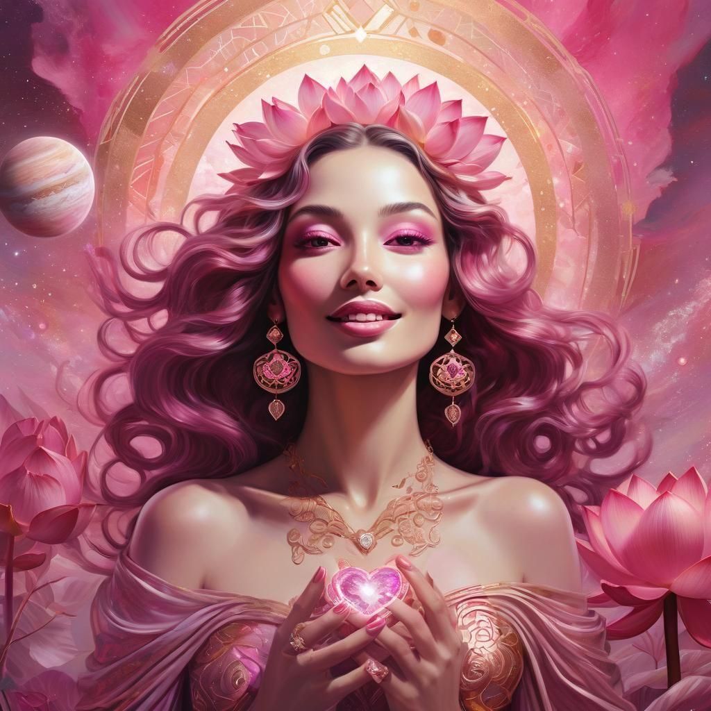 Ethereal Woman with Lotus and Venus in Pastel Sky