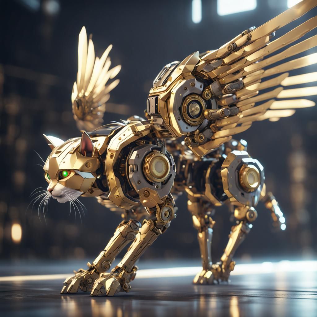 Armored Robot Cat with Mechanical Wings in Sci-Fi Style