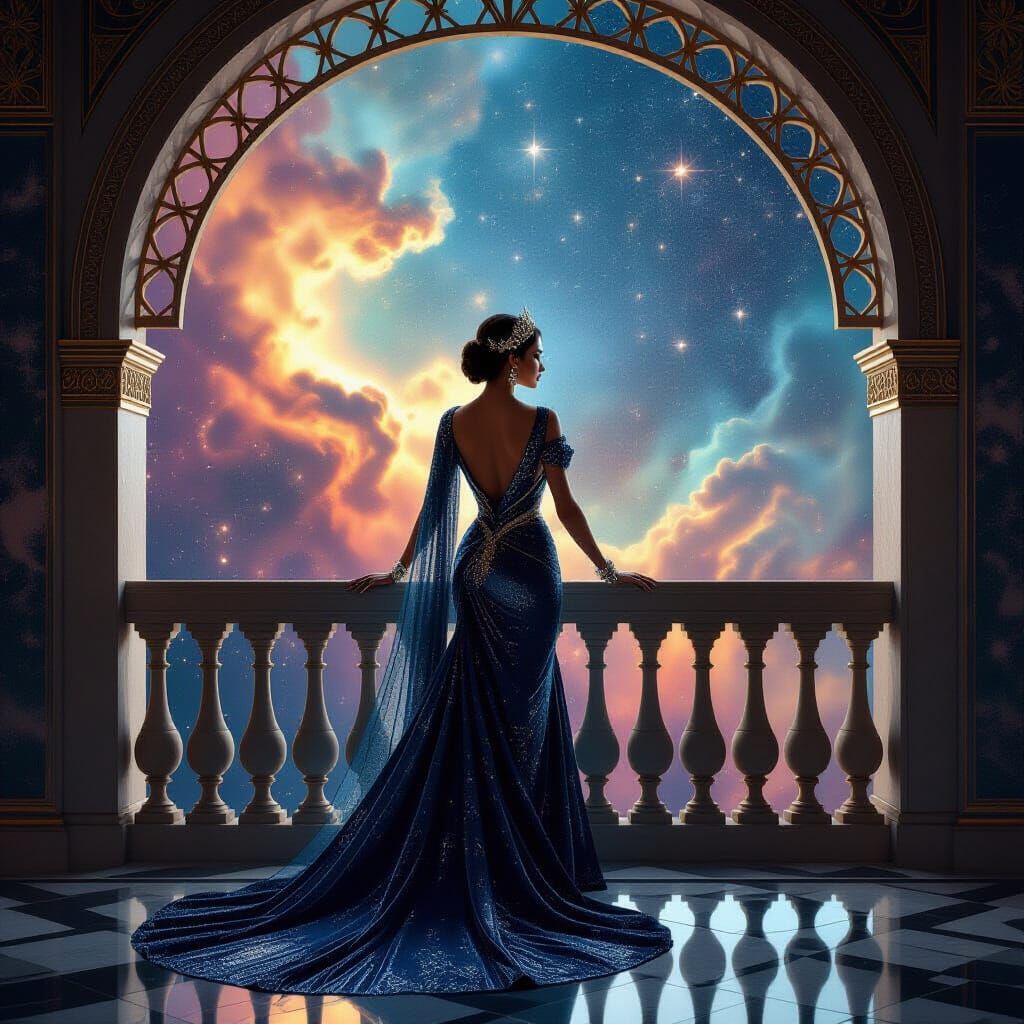 Regal Woman on Balcony Overlooking Nebula in Art Deco Style