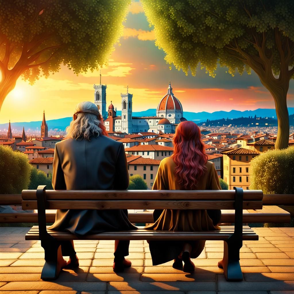 Leonardo and Mona Lisa in Florence Sunset
