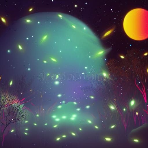 Dreamcore Alien Surrounded by Fireflies: 8K Illustration