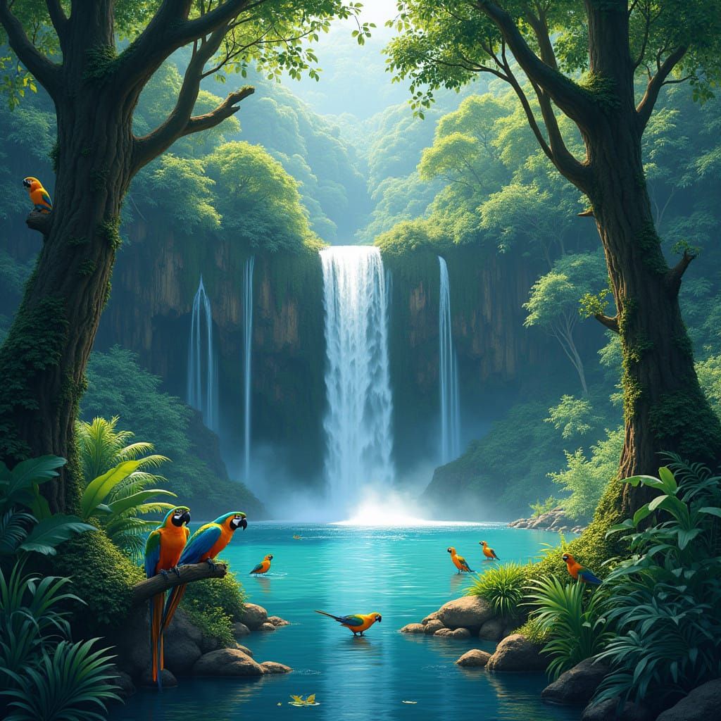 Whimsical Forest Oasis with a Majestic Waterfall