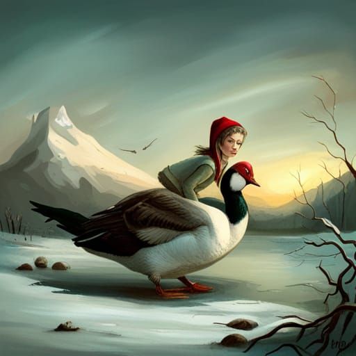 Macabre Christmas Elf Riding a Goose