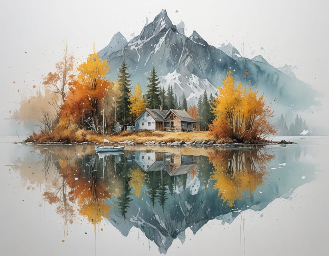 Sailboat on Serene Autumn Lake Amidst Snowy Mountains