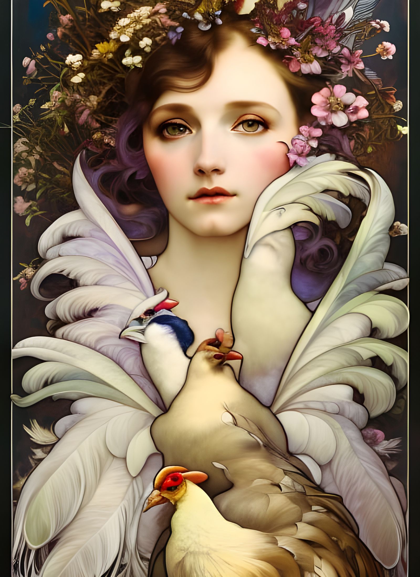 French Hens in Art Nouveau Style
