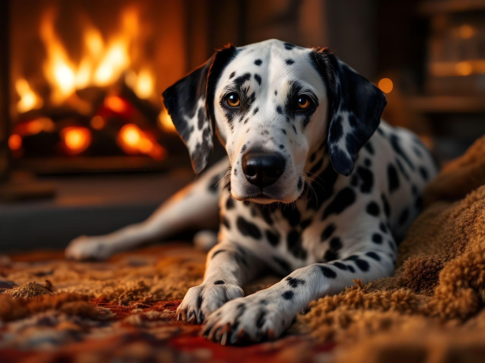 Dalmatian Comfort: Hyperrealistic Dog by Fireplace