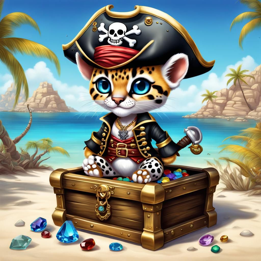 Chibi Ocelot Pirate on Desert Island: Digital Art