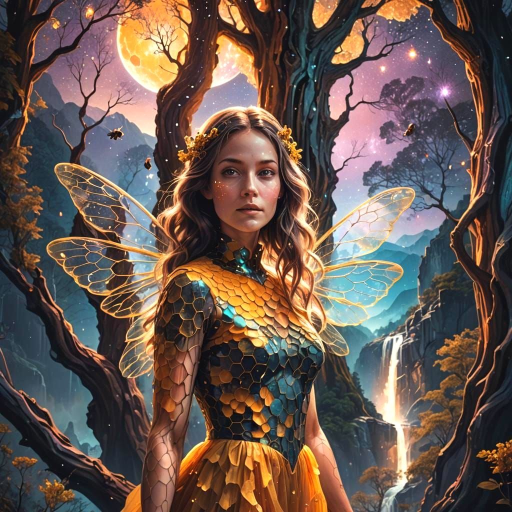 Double Exposure: Bee, Honey, Tree, Mountains, and Moon