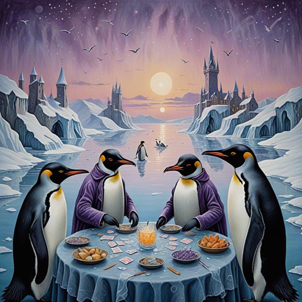 Penguin Royalty Plays Cards in Surreal Frozen Landscape