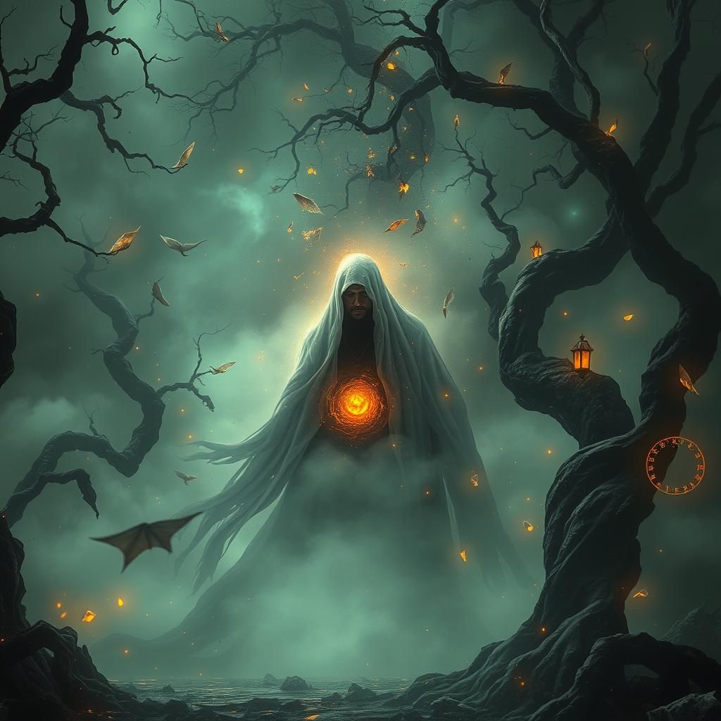 Mystical Figure in Dreamlike Glitch Art Landscape