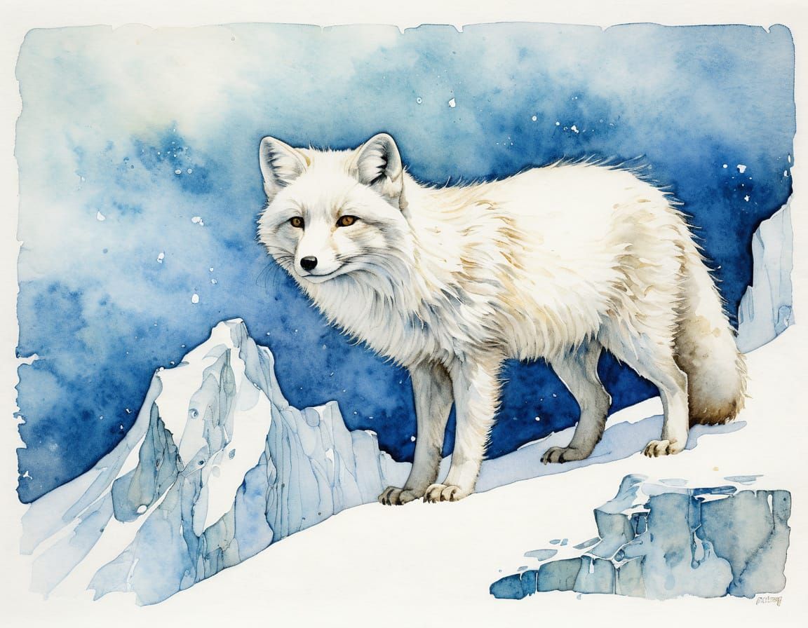 Arctic Fox in Whimsical Watercolour Style