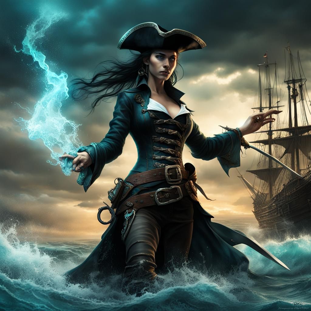 Fantasy Pirate Wielding Water Spell in Stormy Weather