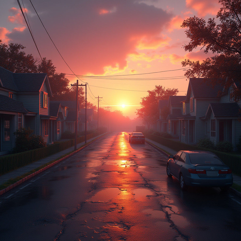 Sunrise Over Suburbia: Detailed Matte Painting