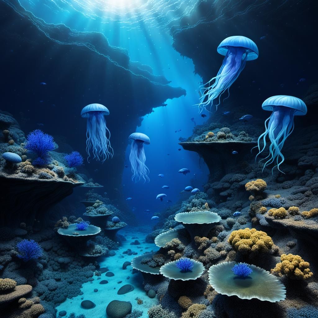 Blue Canyon Marine Scene with Jellyfish