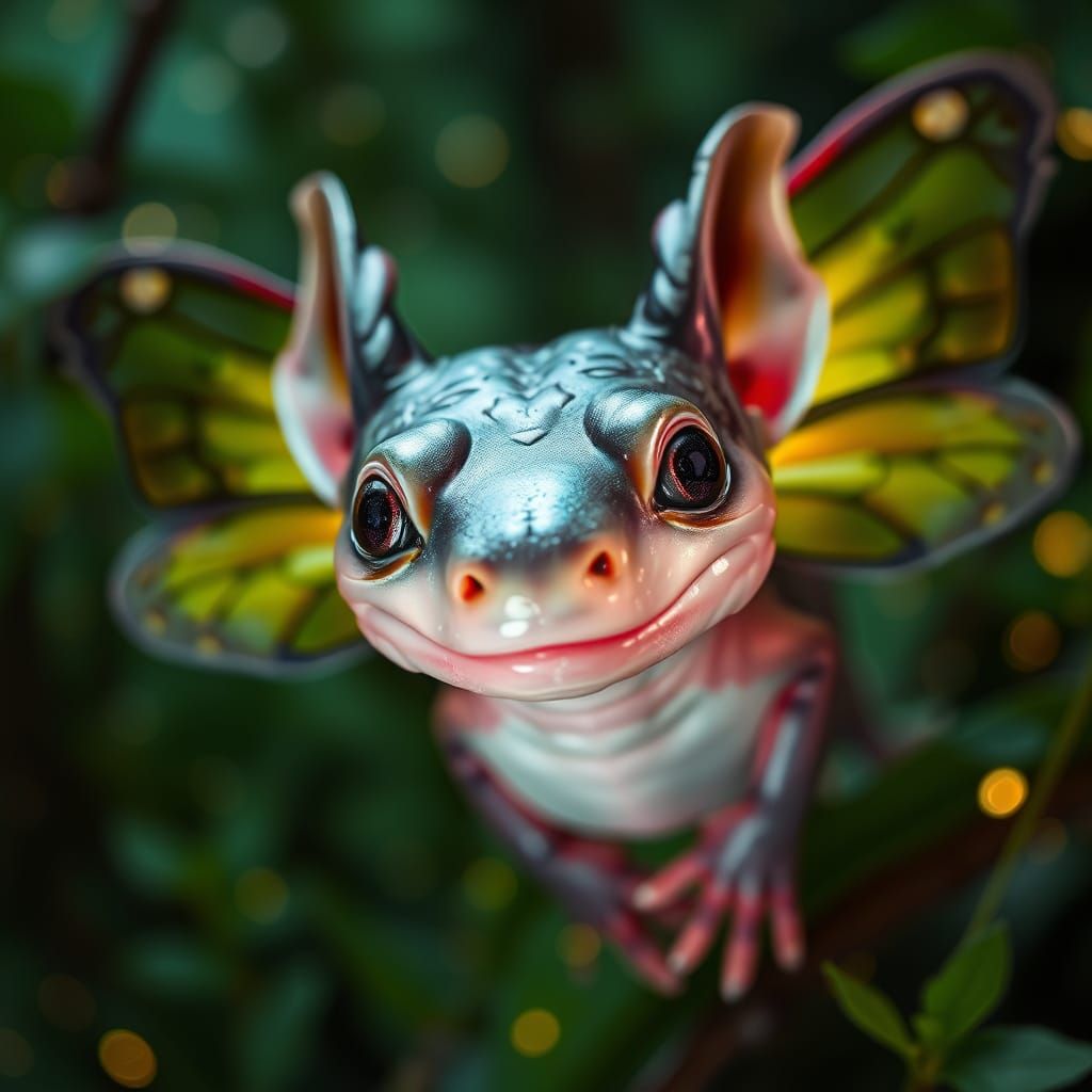 Ethereal Axolotl-Butterfly Hybrid in Emerald Forest