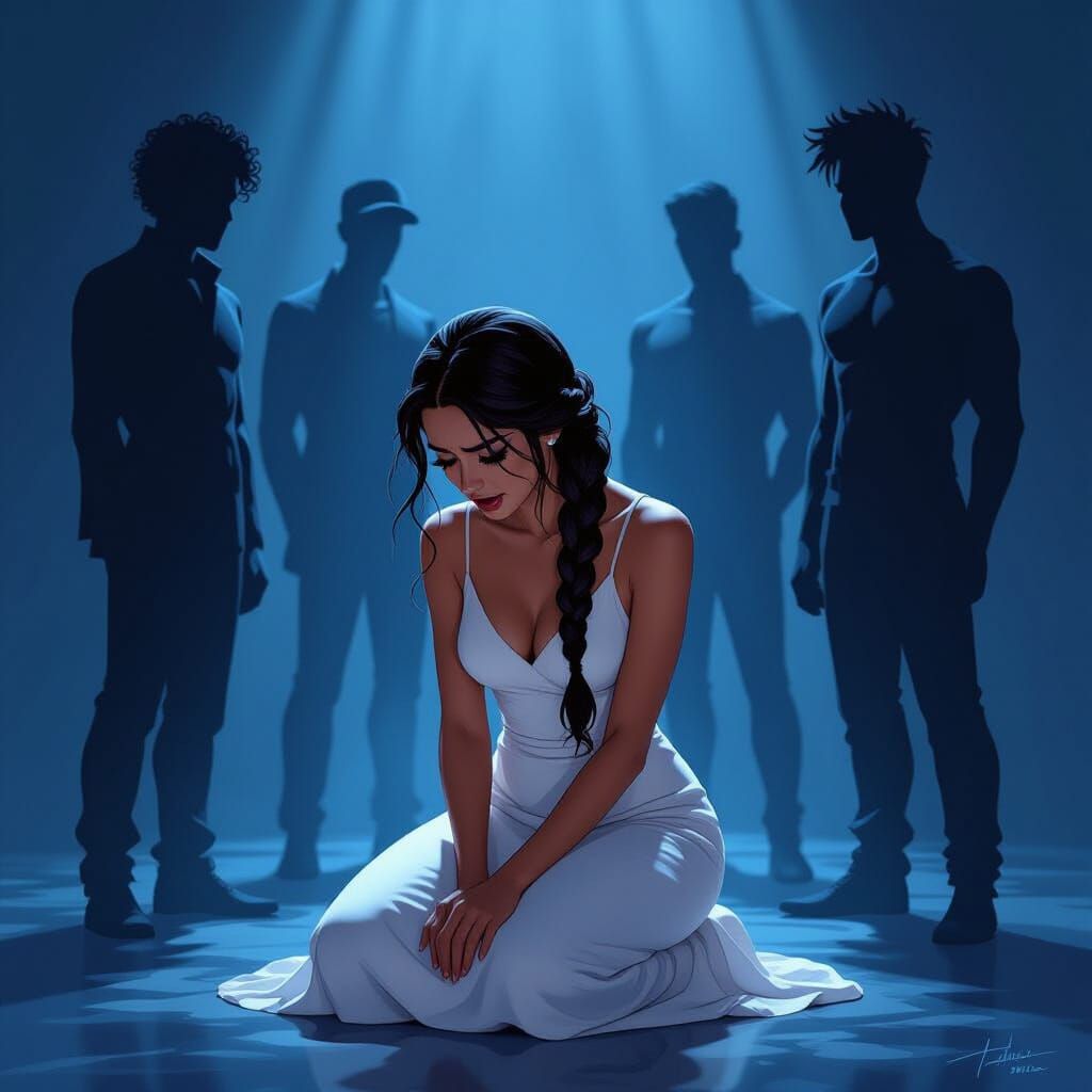 Grieving Woman in White Dress with Shadow Figures