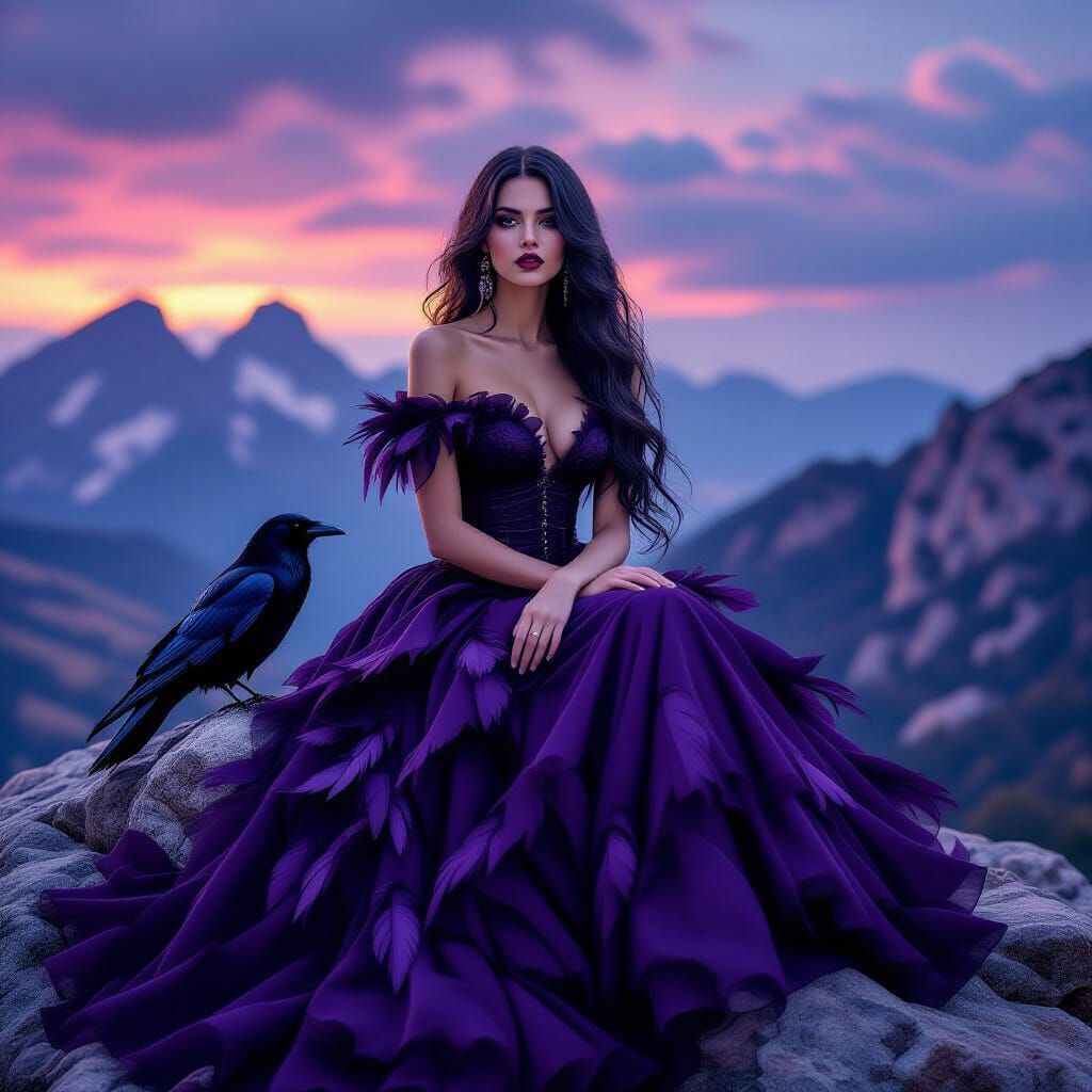 Ethereal Woman with Raven in Gothic Landscape