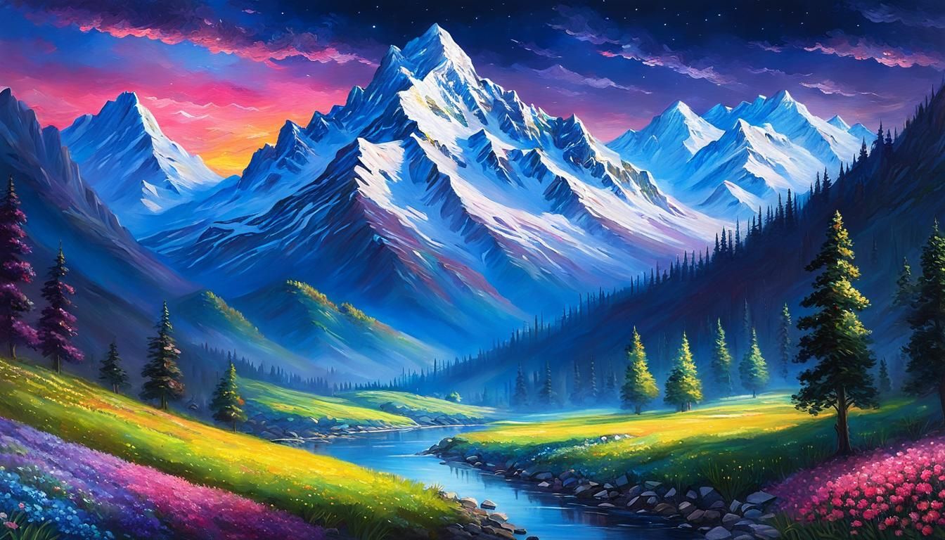 Crystal Springtime Mountain Valley in Candy Art Style