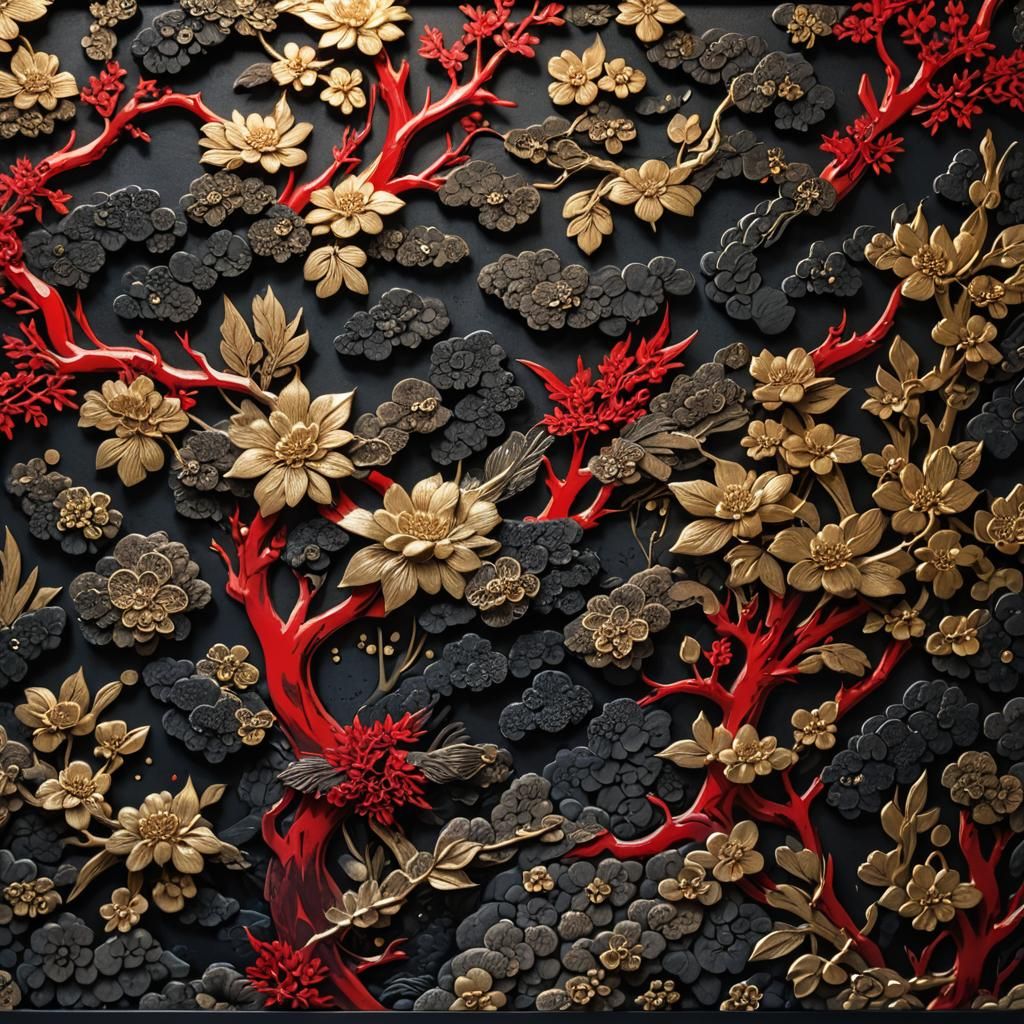 Intricate Japanese Wall Art in Black and Red