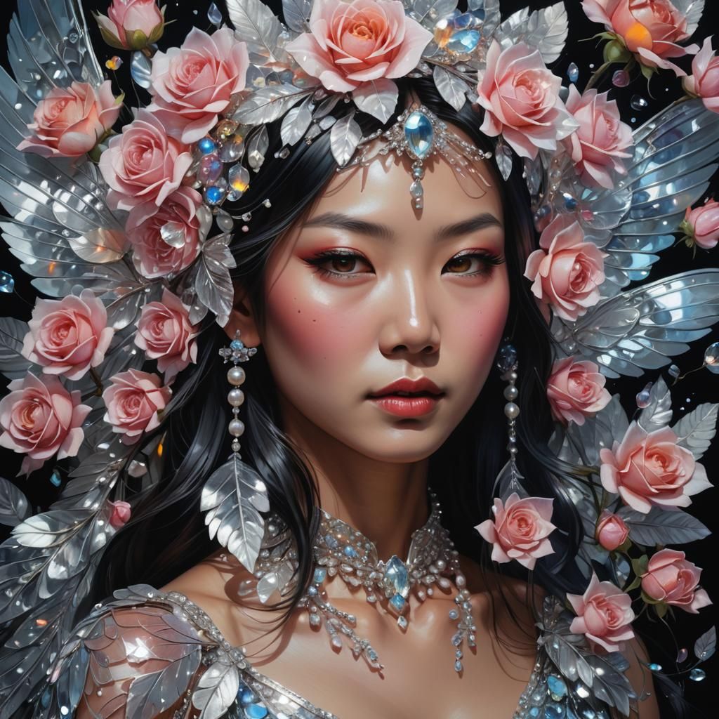 Asian Woman with Crystal Rose Headdress, Hyperrealistic Oil ...