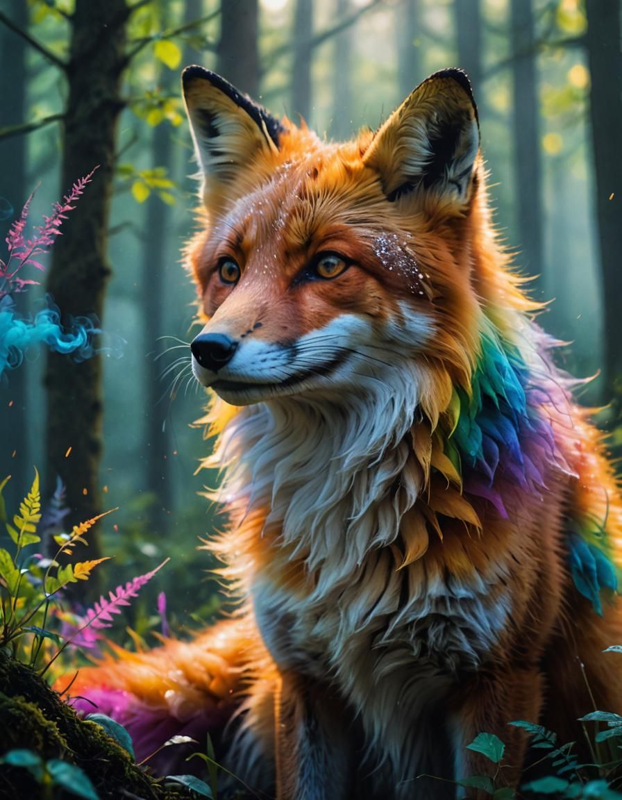 Rainbow Smoke Fox in Ethereal Forest