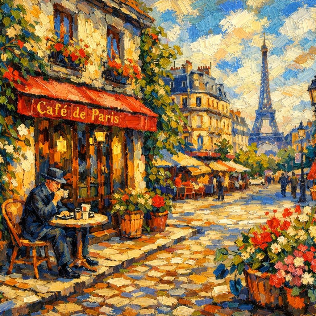 Parisian Cafe Scene in Impressionist Oil Style