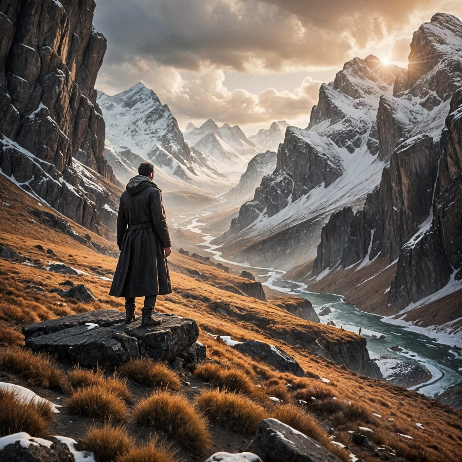 Man Defies Storm on Snowy Precipice