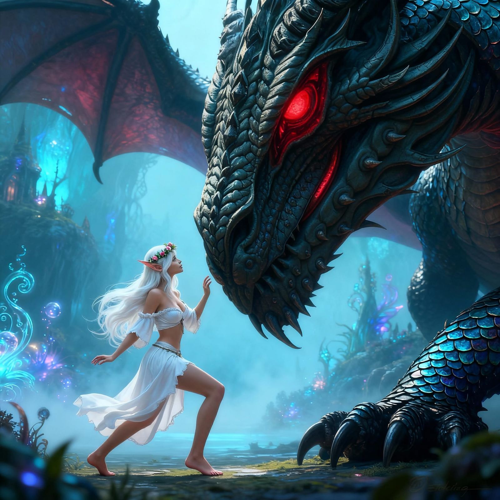 Elf Encounters Majestic Dragon in Fantasy Realm