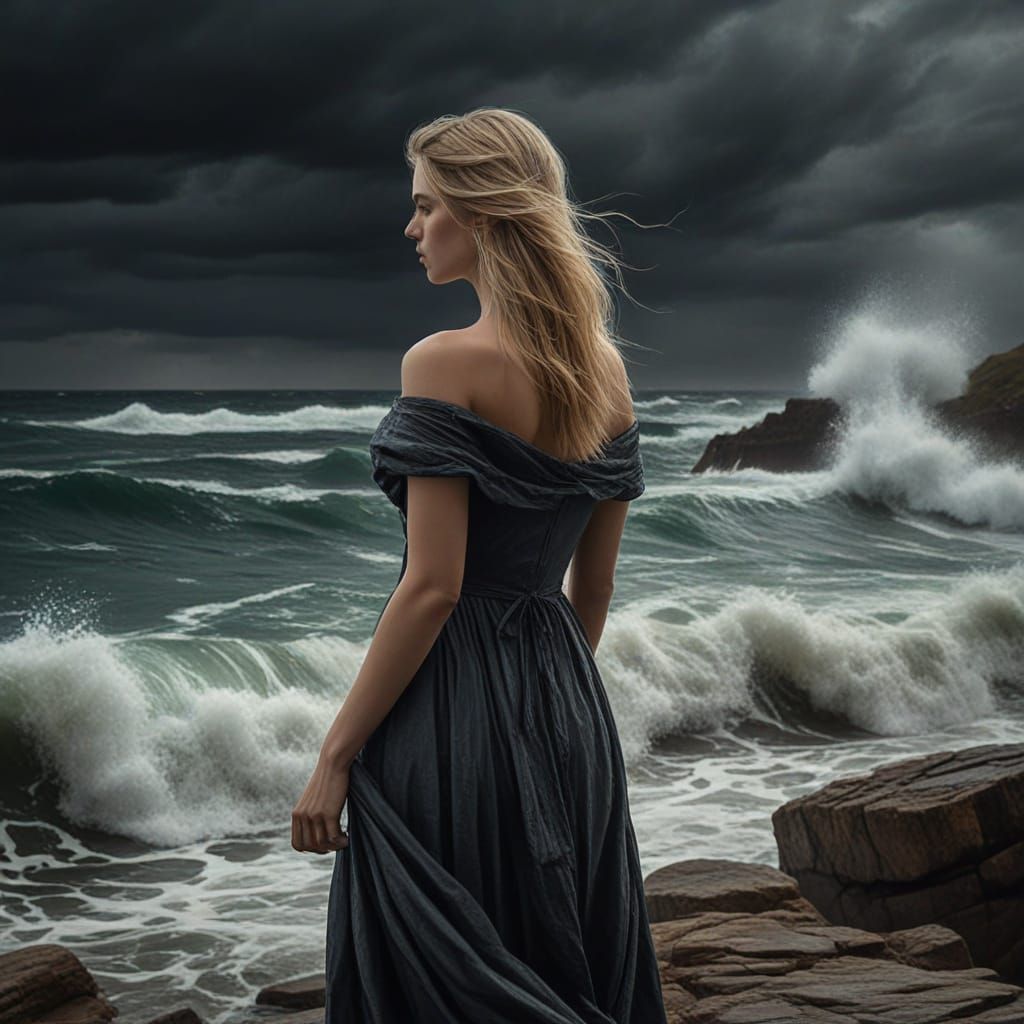 Girl Defies Stormy Seas in Textured Oil Painting
