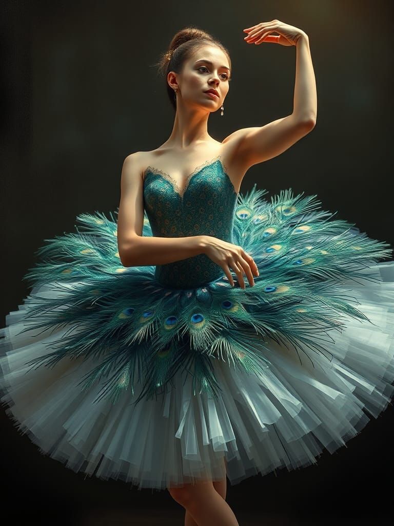 Peacock Ballerina in Hyperrealistic Oil Painting Style