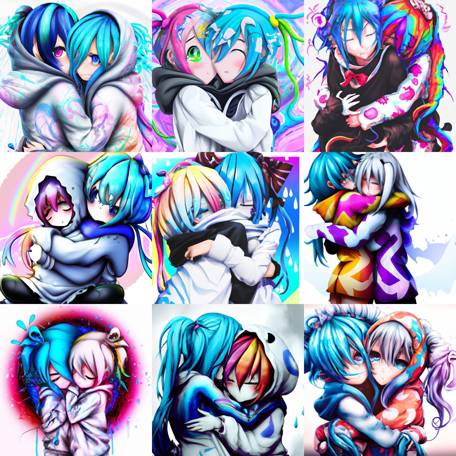 Psychedelic Anime Girls Hugging in Rainbow Colors